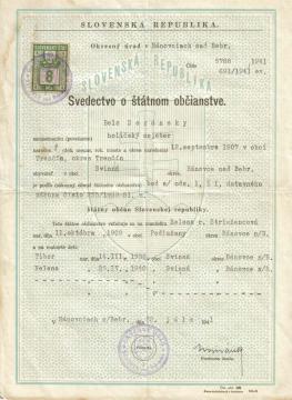 Svedectvo o štátnom občianstve 1941 Svedectvo o štátnom občianstve 1941