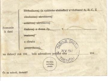 Čiastočné tlačivo daň z obratu 1941 (2.strana) Čiastočné tlačivo daň z obratu 1941 (2.strana)